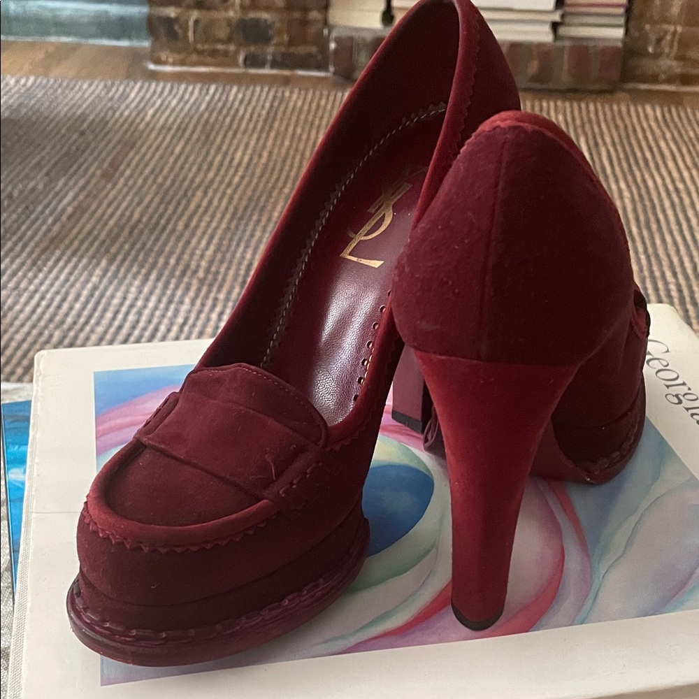 Yves Saint Laurent Deep Red Suede Platform Pumps